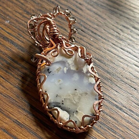 Dendritic Opal smoky quartz wire wrap wrapped pendant copper handmade artisan - Picture 10 of 16